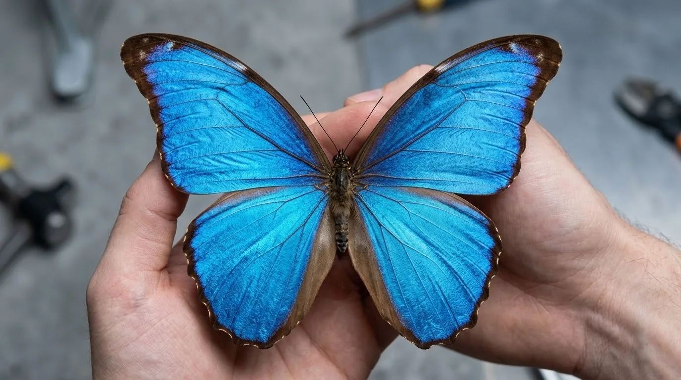 Morpho didius i två händer – vingspannet i förhållande till handflatorna