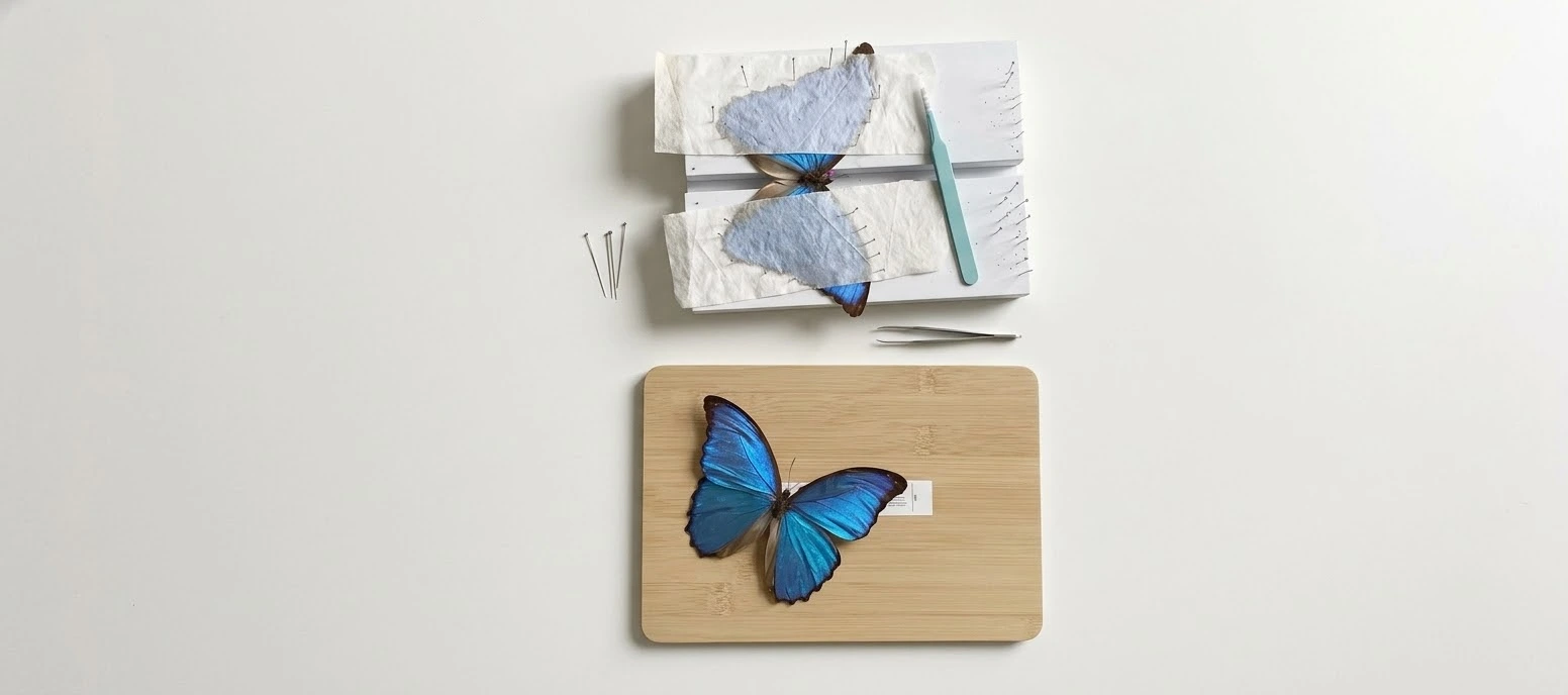 Morpho didius på spännbräda med nålar och pincett, bredvid en färdigspänd fjäril på bambubräda – fjärilstavlor med lätta skador

