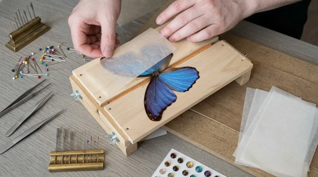 Handarbete på spännbrädan: en Morpho didius förbereds innan den ramas in och graveras med namn