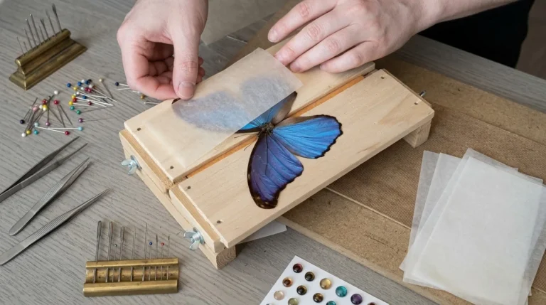Handarbete på spännbrädan: en Morpho didius förbereds innan den ramas in och graveras med namn